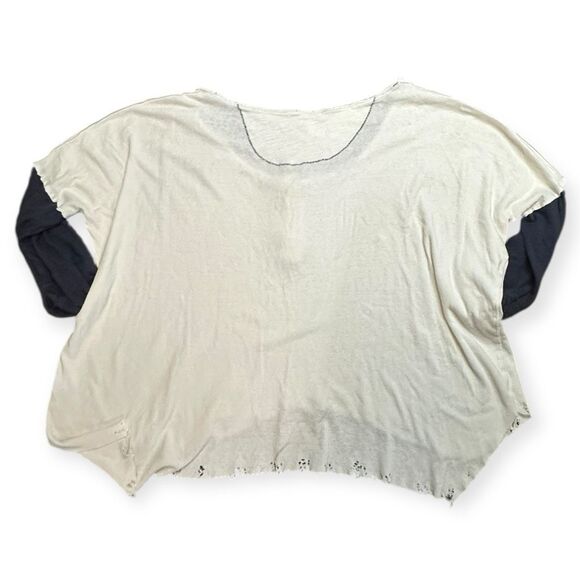 WE THE FREE Women’s Ivory Black Oversized Distressed Star Henley Long Sleeve Tee - Picture 3 of 5